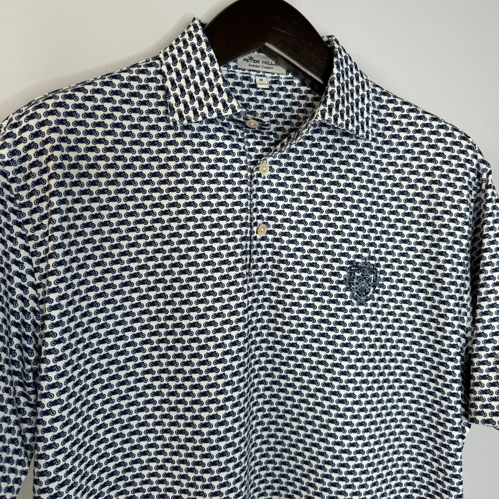 Peter Millar Polo Shirt Blue Motorcycle Print Summer Comfort Golf Performance M - Picture 2 of 10
